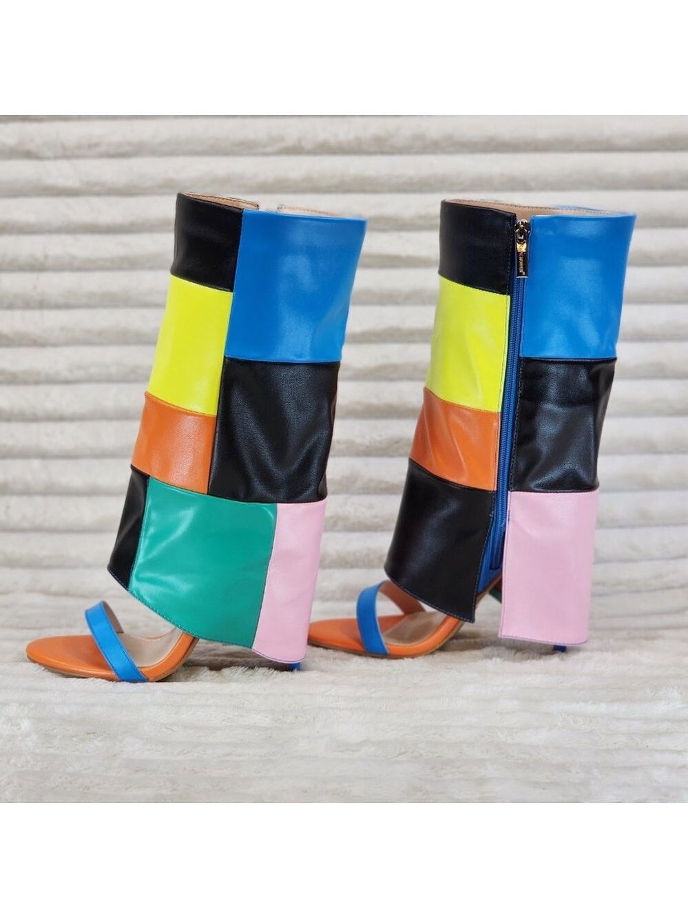Paris Color Block Stiletto Fold Over Skirted Shootie Boot Sandals - Picture 5 of 15